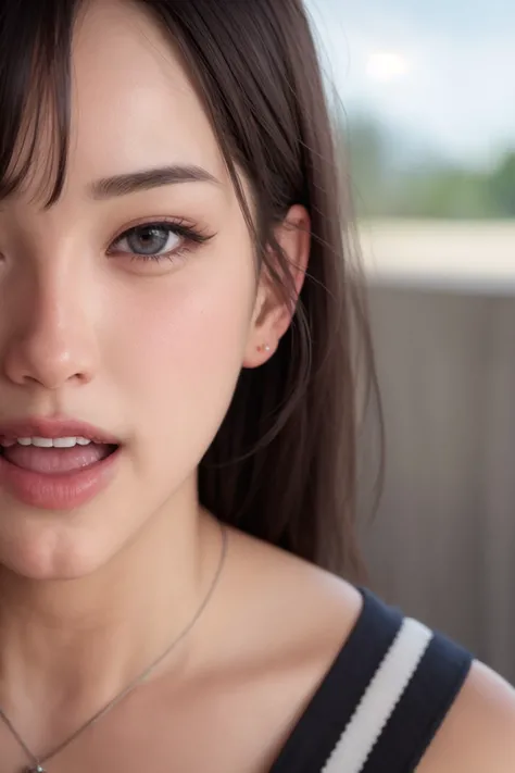 masterpiece, best quality, (photorealistic:1.8), unreal_engine, photograph, realistic_skin_texture, 1girl , (aegyo sal:1), cute, ((puffy eyes)), long black hair BREAK teeth , looking at viewer, tongue, blurry, open mouth, head rest, outdoor