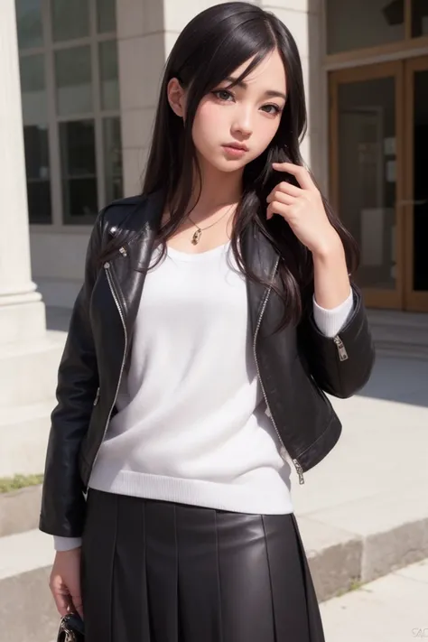 masterpiece, best quality, (photorealistic:1.8), unreal_engine, photograph, realistic_skin_texture, 1girl , (aegyo sal:1), cute, ((puffy eyes)), long black hair BREAK skirt, jacket, flower, striped, shirt, long skirt, striped shirt, bag, pantyhose, black skirt, outdoor