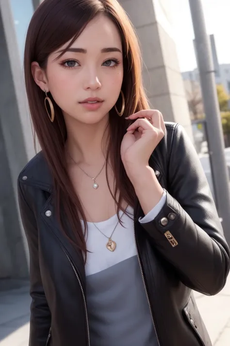 masterpiece, best quality, (photorealistic:1.8), unreal_engine, photograph, realistic_skin_texture, 1girl , (aegyo sal:1), cute, ((puffy eyes)), long auburn hair BREAK jewelry, earrings, ring, parted lips, looking at viewer, simple background, black background, upper body, jacket, coat, hand up, outdoor