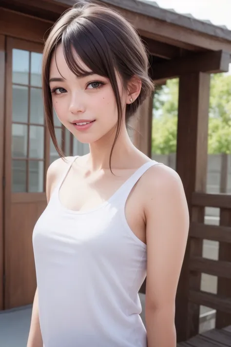 masterpiece, best quality, (photorealistic:1.8), unreal_engine, photograph, realistic_skin_texture, 1girl , (aegyo sal:1), cute, ((puffy eyes)), auburn buzzcut BREAK smile, grin, upper body, looking at viewer, tank top, teeth, outdoor