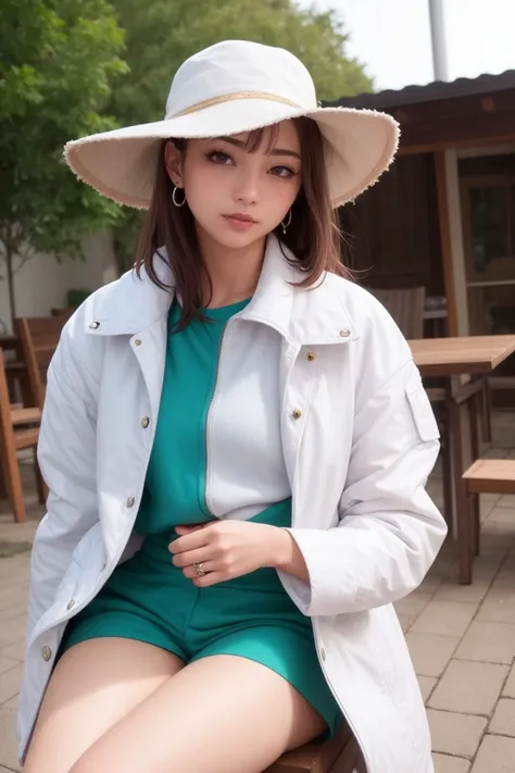 masterpiece, best quality, (photorealistic:1.8), unreal_engine, photograph, realistic_skin_texture, 1girl , (aegyo sal:1), cute, ((puffy eyes)), short auburn hair BREAK hat, sitting, headwear removed, looking at viewer, hat removed, jewelry, ring, jacket, green jacket, shirt, earrings, pants, white shirt, blue footwear, long sleeves, nail polish, coat, full body, shoes, outdoor