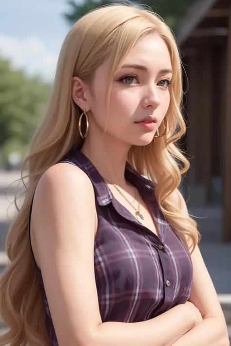 masterpiece, best quality, (photorealistic:1.8), unreal_engine, photograph, realistic_skin_texture, 1girl , (aegyo sal:1), cute, ((puffy eyes)), long wavy blond hair BREAK jewelry, ring, earrings, necklace, crossed arms, shirt, looking away, plaid, simple background, plaid shirt, cigarette, looking to the side, upper body, collared shirt, outdoor