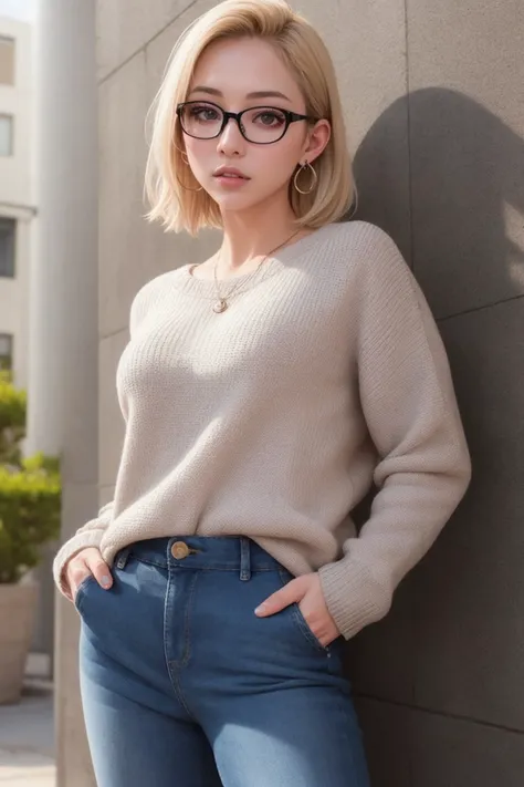 masterpiece, best quality, (photorealistic:1.8), unreal_engine, photograph, realistic_skin_texture, 1girl , (aegyo sal:1), cute, ((puffy eyes)), blond buzzcut BREAK glasses, sweater, pants, jeans, earrings, jewelry, black-framed eyewear, parted lips, denim, hands in pockets, looking at viewer, long sleeves, bangs, nail polish, simple background, grey background, outdoor