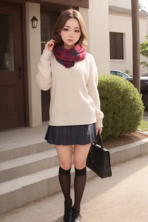 masterpiece, best quality, (photorealistic:1.8), unreal_engine, photograph, realistic_skin_texture, 1girl , (aegyo sal:1), cute, ((puffy eyes)), short blond hair BREAK scarf, skirt, ring, basket, long skirt, jewelry, white skirt, holding, red scarf, sweater, looking at viewer, standing, bag, full body, plaid scarf, long sleeves, black footwear, outdoor