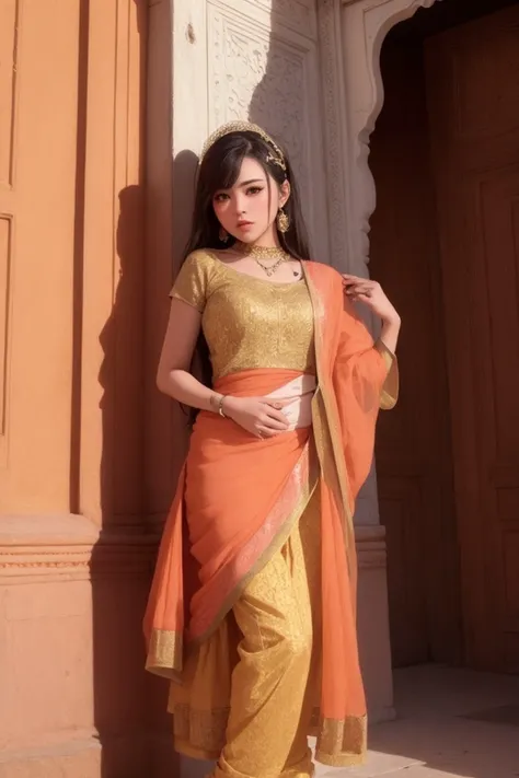 masterpiece, best quality, (photorealistic:1.8), unreal_engine, photograph, realistic_skin_texture, 1girl , (aegyo sal:1), cute, ((puffy eyes)), full body, Salwar Suit, Taj Mahal in India