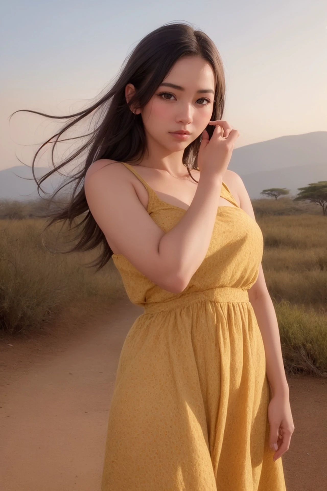 masterpiece, best quality, (photorealistic:1.8), unreal_engine, photograph, realistic_skin_texture, 1girl , (aegyo sal:1), cute, ((puffy eyes)), full body, Kanga Dress, Serengeti National Park in Tanzania