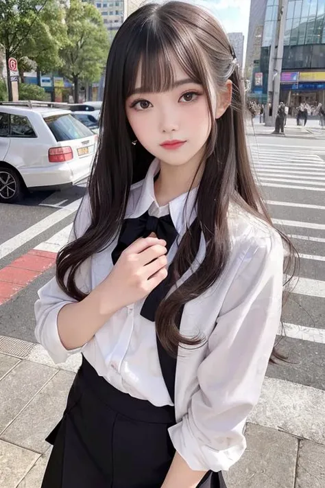 RAW, analog style, delicate, best quality, hyper detail, finely detailed, intricate details, colorful, (perfect body, perfect face), (a beautiful 18 age years old cute Korean girl:1.3),  soft lips, (light eyebrow:1.4),<lora:japaneseDollLikeness_v10:0.3>, <lora:minesfixAsianLikeness_v10:0.3>,
1 girl, 18 yo, solo focus, skinny, pale skin, soft lips, (light eyebrow:1.4),shiny brown eyes, black long hair, hair clip, small breasts, beautiful detailed sky, floating hair,  (nose blush),  beautiful detailed eyes, office lady, suits, white shirt, black miniskirt,  black heels\\ street, subway station, shop border,tree,r cloudy,  smile,