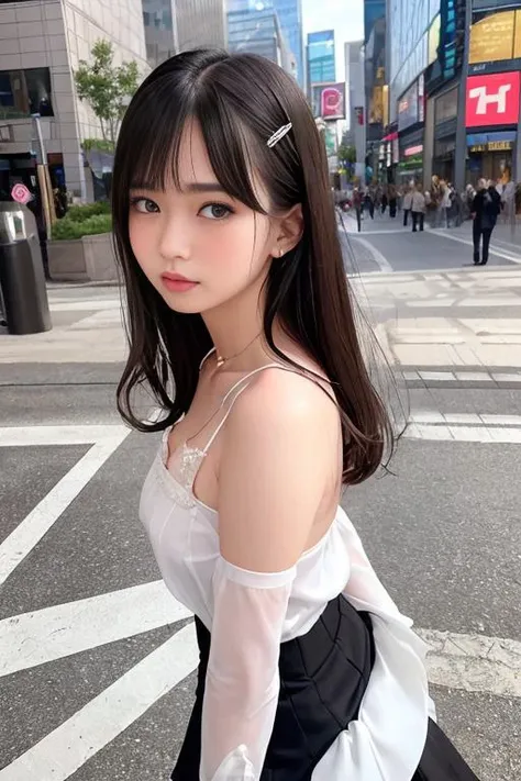 RAW, analog style, delicate, best quality, hyper detail, finely detailed, intricate details, colorful, (perfect body, perfect face),  soft lips, (light eyebrow:1.4),<lora:japaneseDollLikeness_v10:0.3>,
1 girl, 18 yo, solo focus, skinny, pale skin, soft lips, (light eyebrow:1.4),shiny brown eyes, black long hair, hair clip, small breasts, beautiful detailed sky, floating hair,  (nose blush),  beautiful detailed eyes, office lady, suits, white shirt, black miniskirt,  black heels\\ street, subway station, shop border,tree,r cloudy