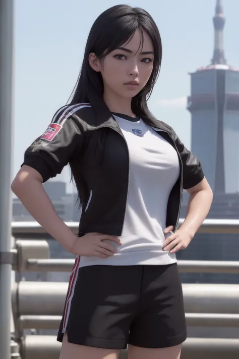 masterpiece, best quality, highly detailed, ultra high res, (photorealistic:1.8), unreal_engine, photograph, realistic_skin_texture, <lora:certainmagicalindex_fukiyose-10:0.8>, fukiyose seiri, serious, 1girl, solo, cowboy shot, looking at viewer, black hair, from angle, jacket on shoulders, gym uniform, paw pose, Skytree