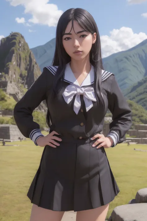masterpiece, best quality, highly detailed, ultra high res, (photorealistic:1.8), unreal_engine, photograph, realistic_skin_texture, <lora:certainmagicalindex_fukiyose-10:0.8>, fukiyose seiri, serious, 1girl, solo, cowboy shot, looking at viewer, black hair, black serafuku, school uniform, claw pose, Machu Picchu, outdoors