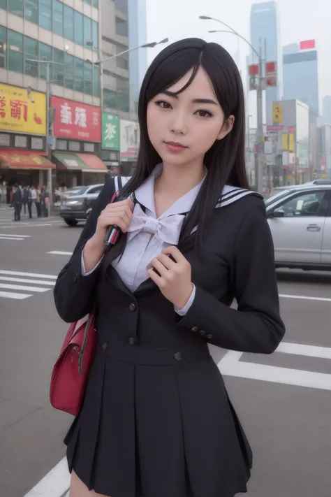 masterpiece, best quality, highly detailed, ultra high res, (photorealistic:1.8), unreal_engine, photograph, realistic_skin_texture, <lora:certainmagicalindex_fukiyose-10:0.8>, fukiyose seiri, serious, 1girl, solo, looking at viewer, black hair, smile, closed mouth, from angle, black serafuku, school uniform, arm at side, Hong Kong(City) Traffic signals Street lights Neon signs Decorative signs building
