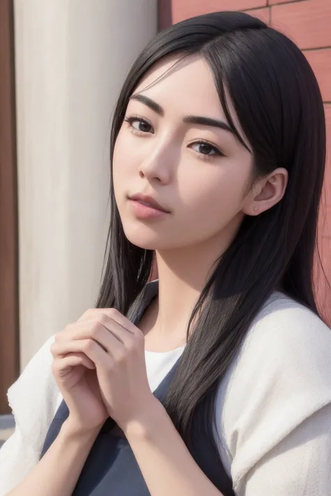 masterpiece, best quality, highly detailed, ultra high res, (photorealistic:1.8), unreal_engine, photograph, realistic_skin_texture, japonese face, <lora:certainmagicalindex_fukiyose-10:0.8>, fukiyose seiri, serious, 1girl, solo, looking at viewer, black hair, head rest, looking at viewer, nail polish, hand on own face, simple background, upper body, own hands together, Forbidden City, outdoors