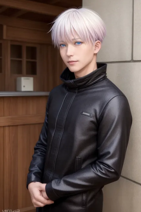 masterpiece, best quality, highly detailed, ultra high res, (photorealistic:1.8), unreal_engine, photograph, realistic_skin_texture, <lora:jjk_gojo-11:1>, satoru gojo, 1boy, solo, (bangs), ultra detailed eyes, emelard blue eyes, white pink hair BREAK, cowboy shot, looking at viewer, smile, closed mouth, (black black jacket), <lora:flat2:-1>