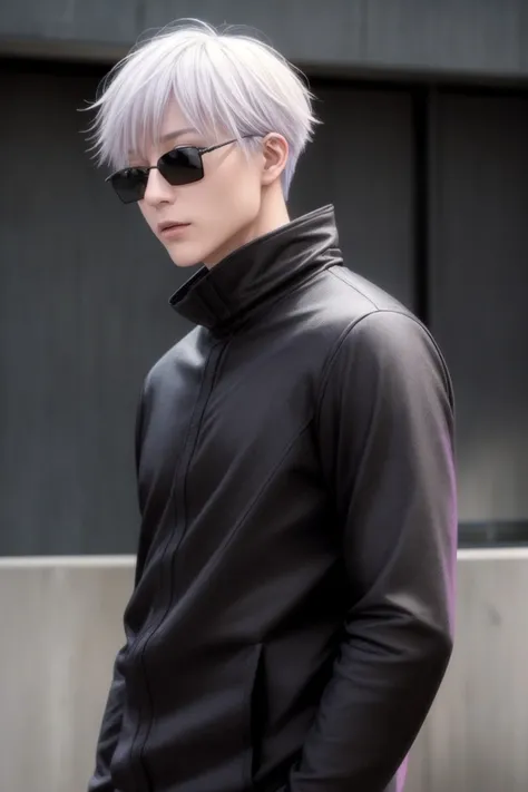 masterpiece, best quality, highly detailed, ultra high res, (photorealistic:1.8), unreal_engine, photograph, realistic_skin_texture, <lora:jjk_gojo-11:1>, satoru gojo, 1boy, solo, (bangs), ultra detailed eyes, emelard blue eyes, black slim sunglasses, white pink hair BREAK, upper body, looking at viewer, expressionless, closed mouth, from angle, (black black jacket), <lora:flat2:-1>