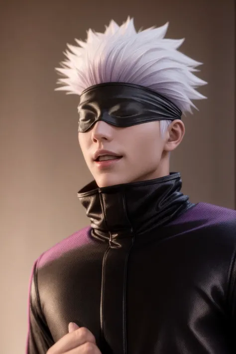 masterpiece, best quality, highly detailed, ultra high res, (photorealistic:1.8), unreal_engine, photograph, realistic_skin_texture, <lora:jjk_gojo-11:1>, satoru gojo, 1boy, solo, blindfold, white pink hair BREAK, cowboy shot, looking at viewer, smile, open mouth, from angle, (black black jacket), <lora:flat2:-1>