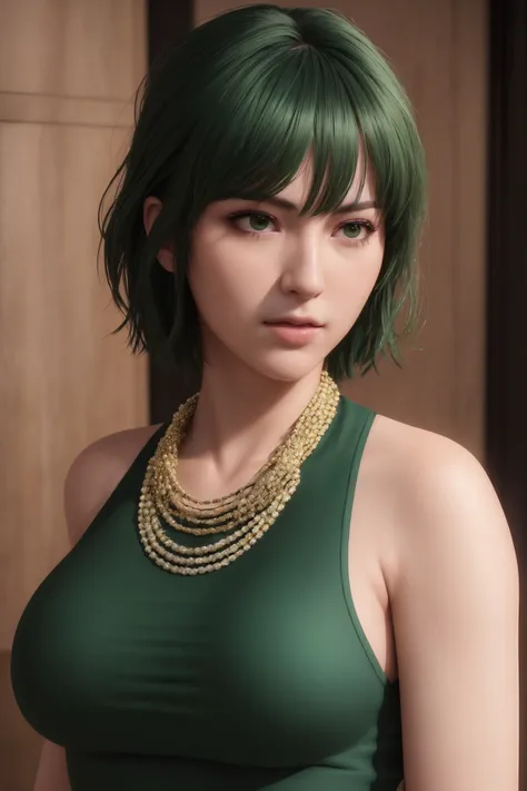 masterpiece, best quality, highly detailed, ultra high res, (photorealistic:1.8), unreal_engine, photograph, realistic_skin_texture, <lyco:opm_fubuki-13:0.75>, fubuki, 1girl, solo, green hair, portrait, looking at viewer, serious, closed mouth, from angle, taut clothes, fur coat, jewelry, necklace, arms behind back