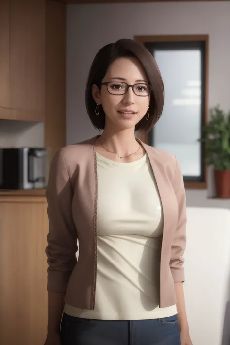 masterpiece, best quality, highly detailed, ultra high res, (photorealistic:1.8), unreal_engine, photograph, realistic_skin_texture, japonese face, <lyco:KasenTosu:0.7>, KasenTosu, 1lady, solo, small breasts, brown eyes, glasses, looking at viewer, smile, open mouth, from angle, earrings, jacket, jewelry, parted lips, denim jacket, shirt, denim, white shirt, bangs, arms behind back