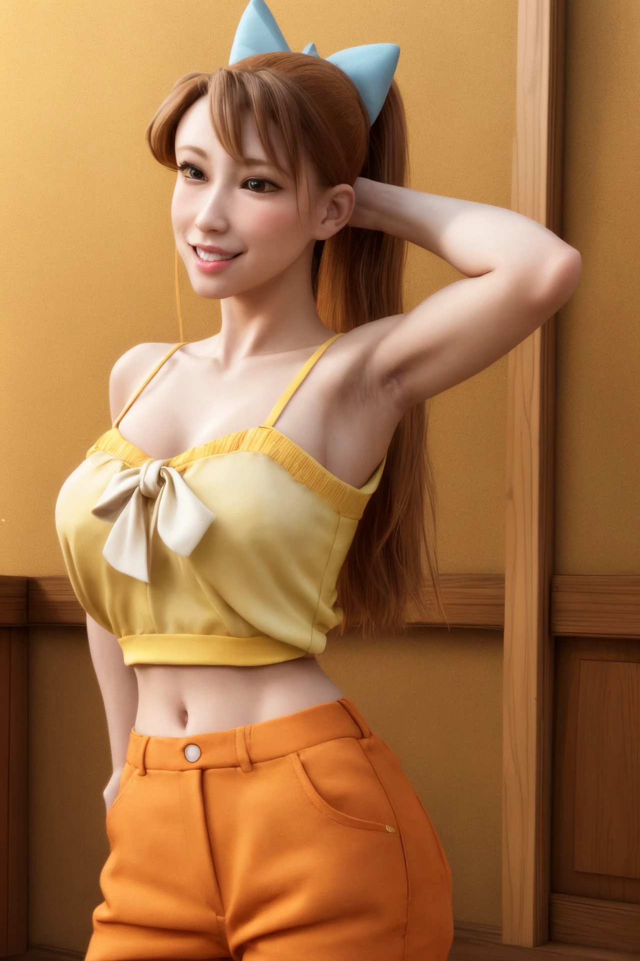 masterpiece, best quality, highly detailed, ultra high res, (photorealistic:1.8), unreal_engine, photograph, realistic_skin_texture, <lora:Ishizaka_Midori-10:0.8>, 1girl, solo, long hair, brown hair, black eyes, white pupils, ponytail, bouncing breasts, bow, ahoge, hair bow, style parody, looking at viewer, seductive smile, yellow shirt, Orange pants, pray hand on hip, <lora:flat2:-0.8>