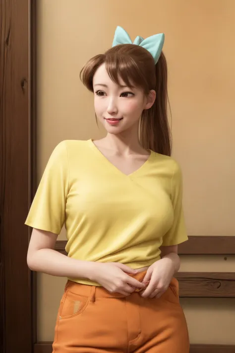 masterpiece, best quality, highly detailed, ultra high res, (photorealistic:1.8), unreal_engine, photograph, realistic_skin_texture, japonese face, <lora:Ishizaka_Midori-10:0.8>, 1girl, solo, long hair, brown hair, black eyes, white pupils, ponytail, bouncing breasts, bow, ahoge, hair bow, style parody, cowboy shot, looking at viewer, smile, blush, closed mouth, yellow shirt, Orange pants, pray hand on hip, <lora:flat2:-0.8>