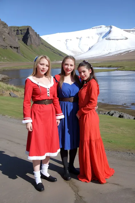 masterpiece, best quality, photorealistic, Icelandic, posing with several people wearing the country's costume, in towns and tourist attractions