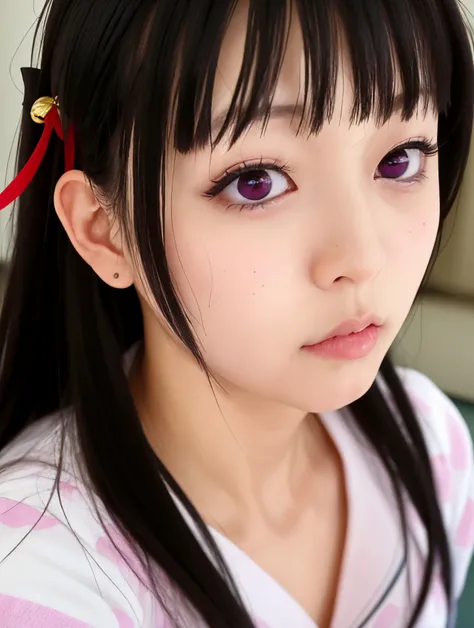 (masterpiece, best quality, photorealistic:1.2), 1girl, himenokouji akiko, purple eyes, black hair, long hair, (hair bell), hair ribbon, pajamas, close up <lora:himenokouji_akiko:0.9>