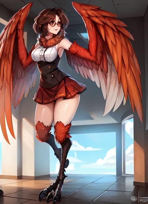 ((best quality)), ((highly detailed)), , (1girl), (glasses), full body, ((lowleg skirt)), <lora:aiomonstergirls_aiov4LoraLycoris:.7>, <lora:animeHarpy_v10:1>, (harpy), dark orange feathers, brown eyes, winged arms, (wings instead of hands), fur collar, bird legs, talons, medium breasts, sheer dress, sleeveless, (indoors, at a hospital), <lora:Quasart_V2:1.2>