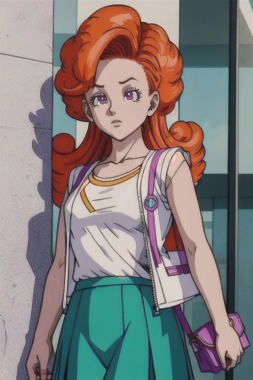(masterpiece, best quality), 1girl, <lora:cocoangela_v5_prod:1> angela, orange hair, purple eyes, curly hair, long hair white t-shirt, teal skirt, short sleeves || yellow dress, white open sweater, sleeveless, handbag, shoulder strap