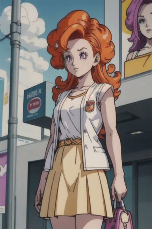 (masterpiece, best quality), 1girl, <lora:cocoangela_v5_prod:1> angela, orange hair, purple eyes, curly hair, long hair white t-shirt, teal skirt, short sleeves || yellow dress, white open sweater, sleeveless, handbag, shoulder strap