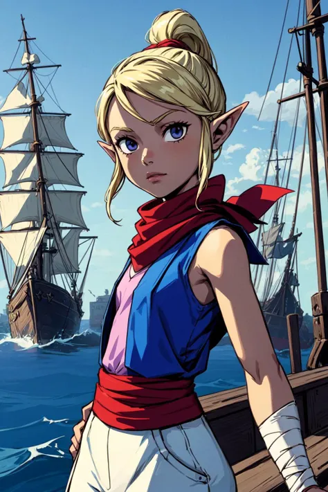 1girl, small girl, flat chest, solo, white slim pants, purple sleeveless shirt, blue vest, red scarf, red sash, forearm bandage, <lora:Tetra_Zelda:0.6>, Tetra_Zelda, outdoors, docks, pirate ship, dynamic pose, <lora:add_detail:0.7>,