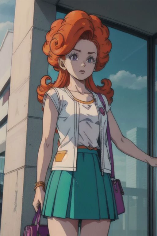 (masterpiece, best quality), 1girl, <lora:cocoangela_v5_prod:1> angela, orange hair, purple eyes, curly hair, long hair white t-shirt, teal skirt, short sleeves || yellow dress, white open sweater, sleeveless, handbag, shoulder strap