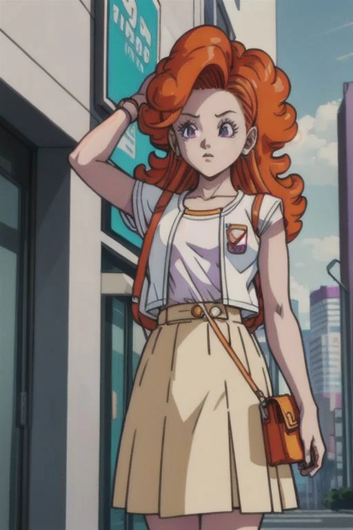 (masterpiece, best quality), 1girl, <lora:cocoangela_v5_prod:1> angela, orange hair, purple eyes, curly hair, long hair white t-shirt, teal skirt, short sleeves || yellow dress, white open sweater, sleeveless, handbag, shoulder strap