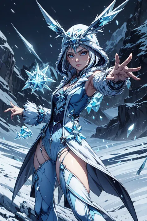 1girl, solo, <lora:Ice_Cicin:0.5> Ice_Cicin, outdoors, <lora:add_detail:0.7>, <lora:Concept - Cryomancer:0.3>, ice-flurry, snow, ice-shard, ice, crystal, magic, cryokinesis, dynamic pose, fighting stance, casting spell