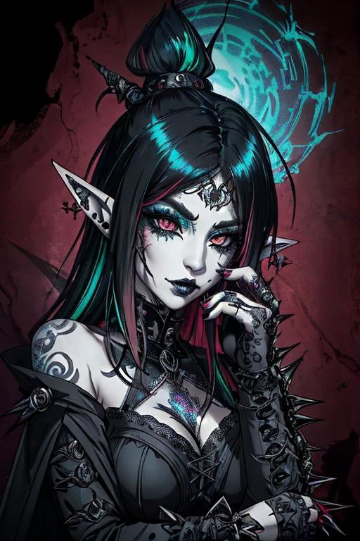 blckmtl, spiked, photograph of a (gothic elf girl: 1.3), eyeliner, makeup, tattoos, multicolored hair, detailed background, nebula, intricate details, masterpiece, realism, (perfect face: 1.2) <lora:blckmtl:0.4>