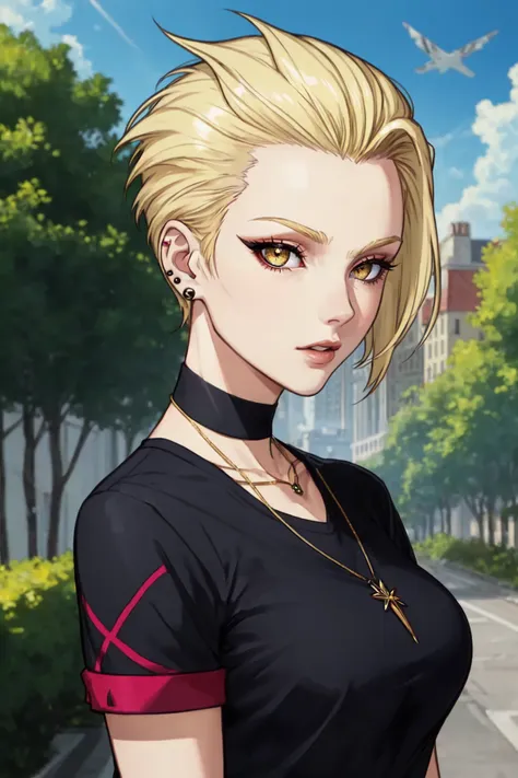 (masterpiece, best illustration, ), 1girl, solo, gold eyes, ((very short hair, blonde hair, faux hawk, extremely short hair:1.1, forehead, slicked back, buzz cut:1.1)), blonde hair, detailed eyes, extremely short hair:1.5, short sleeves, large breasts, covered, black shirt, necklace, outdoors, upper body, punk style hair:1.5, portrait, stud earrings, colored scelera, black sclera