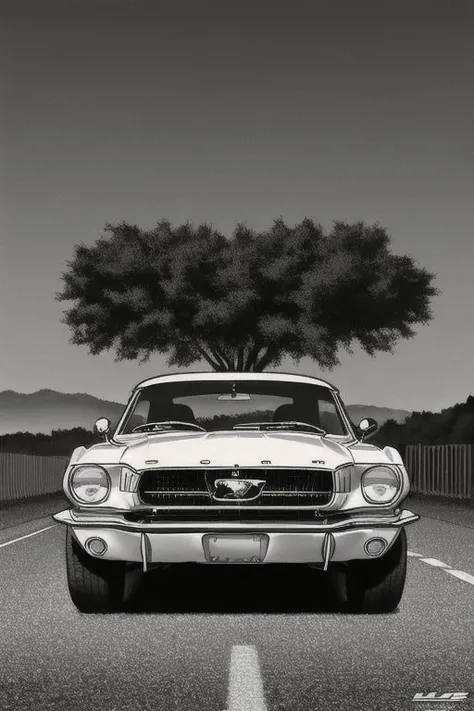 perfectly rendered 1966 Ford Mustang. (artwork close-up:1.1), (lineart:1.23), (monochrome)