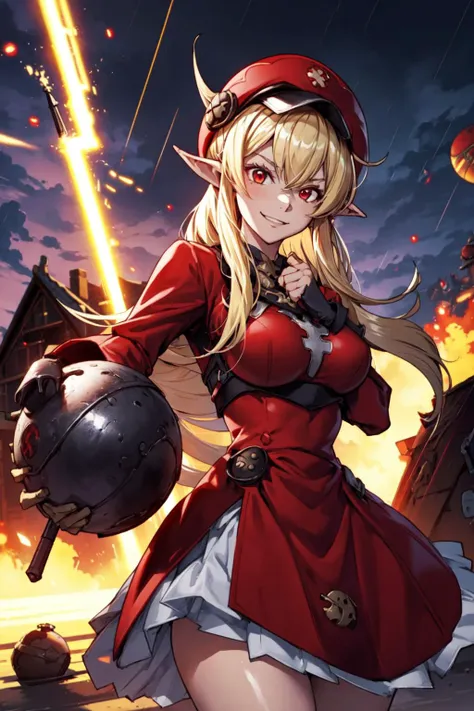 1girl, solo, evil smile, dynamic pose, holding a bomb, it's raining bombs, red round bombs, explosions, <lora:Adult_Klee_Genshin:0.7>, Adult_Klee_Genshin, pointy ears, red hat, blonde, outdoors, medieval town, <lora:add_detail:0.7>,