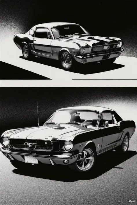 perfectly rendered 1966 Ford Mustang. (artwork close-up:1.1), (lineart:1.23), (monochrome)