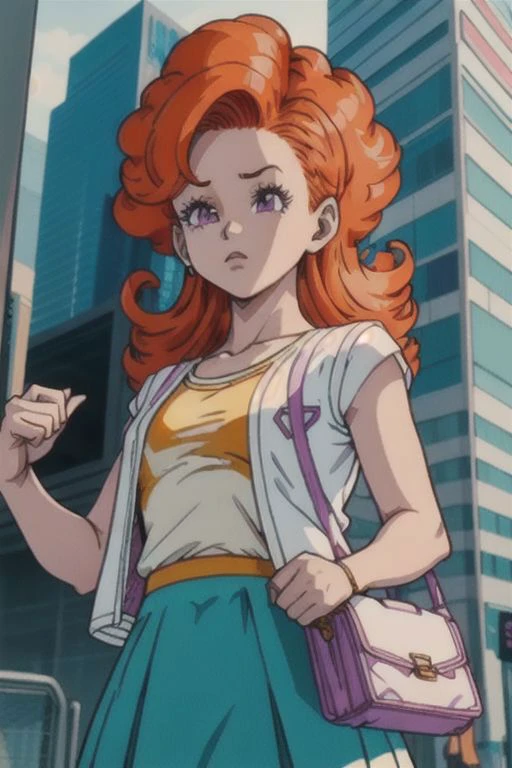 (masterpiece, best quality), 1girl, <lora:cocoangela_v5_prod:1> angela, orange hair, purple eyes, curly hair, long hair white t-shirt, teal skirt, short sleeves || yellow dress, white open sweater, sleeveless, handbag, shoulder strap