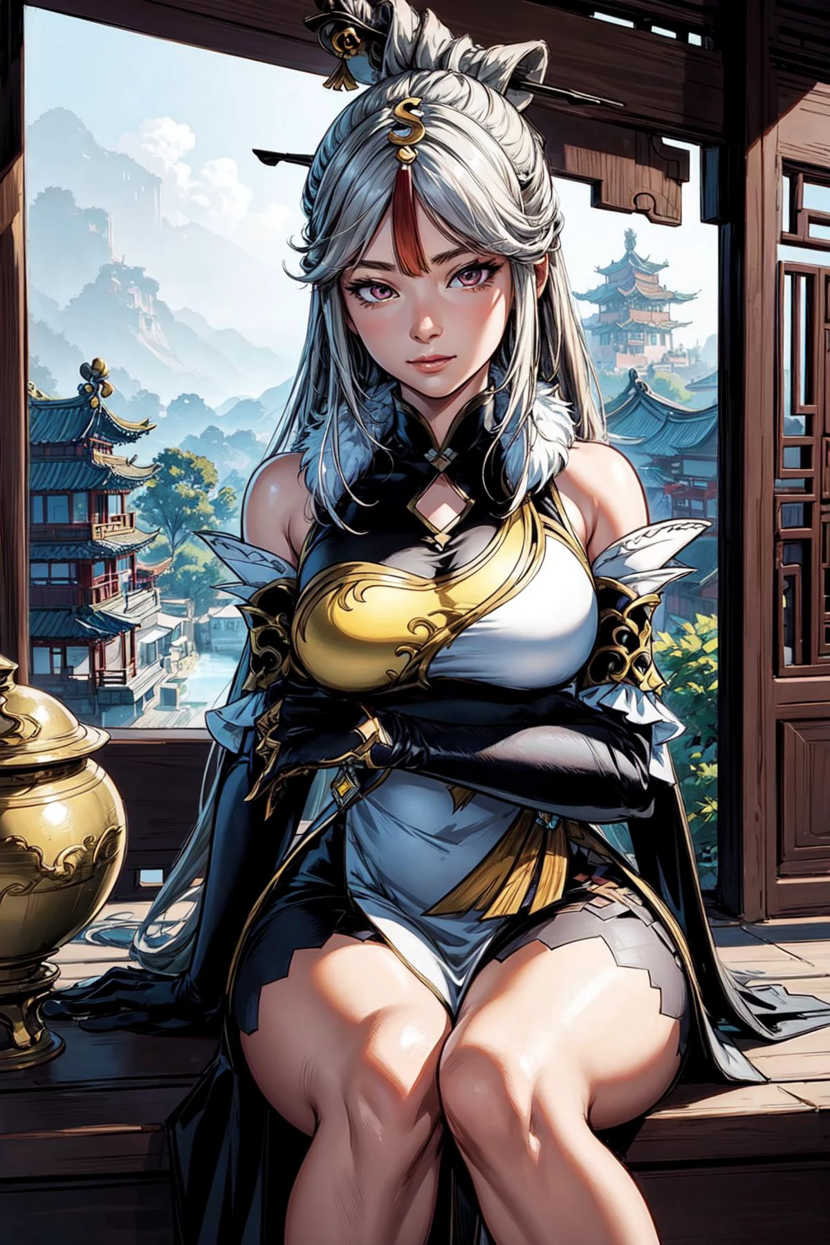 thick outlines, comics, photorealistic, masterpiece:1.2, 1girl, solo, <lora:ningguang2:1>, ningguangdef, chinese temple, chinese town, detailed background, detailed face, detailed eyes, <lora:add_detail:0.7>