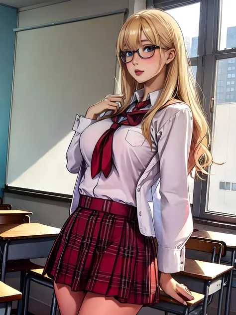 masterpiece, best quality, (photorealistic:1.4), classroom, a photo of a beautiful woman, blonde hair,, skinny, school uniform, glasses, nerdy, blush