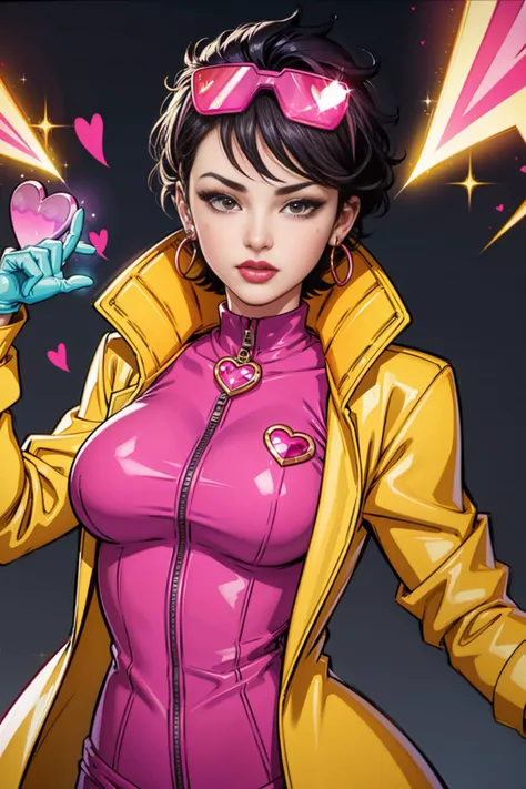 <lora:jubilee:1> jubilee, 1girl, gloves, jewelry, looking at viewer, yellow jacket, lips, medium breasts,( beauty mark:1.2), holding colorful heart sparks