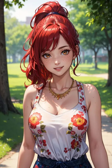 (masterpiece, best quality, hires, high resolution:1.2), (extremely detailed, intricate details, highres), 1girl, collarbone, wavy hair, looking at viewer, blurry foreground, upper body, necklace, contemporary, plain pants, ((intricate, print, pattern)), ponytail, freckles, red hair, dappled sunlight, smile, happy