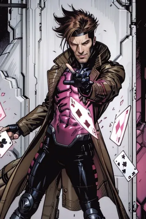 <lora:Remy_Lebeau:1> gambit, black gloves,  gambit, gloves, rugged handsome, grin,   open coat, pink glowing eyes, playing card, remy lebeau, science fiction, simple background, weapon, white background,  <lora:Blame!:1> blam