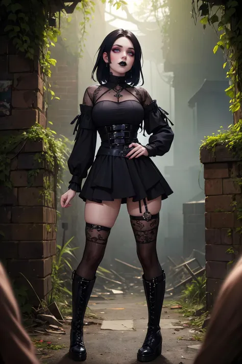 (masterpiece, best quality, hires, high resolution:1.2), (extremely detailed, intricate details, highres), unity 8k wallpaper, ultra detailed, 1girl, Contempt, Dystopian goth outfit with post-apocalyptic-inspired clothing, distressed layers, and combat boots, Smoky grey eyeshadow with a hint of shimmer, (Ralph Eugene Meatyard:1.3), (High fashion goth:1.3), Haunted mansion with overgrown gardens