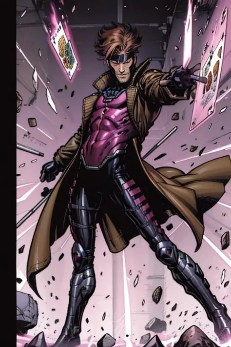 <lora:Remy_Lebeau:1> gambit, black gloves, gambit, gloves, rugged handsome, grin, open coat, pink glowing eyes, playing card, remy lebeau, science fiction, simple background, weapon, white background, <lora:Blame!:1> blam