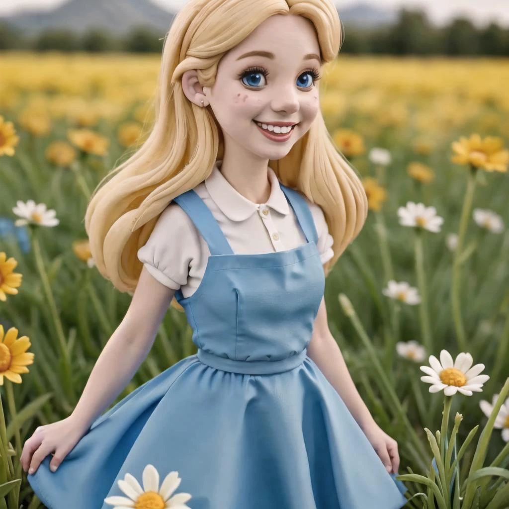 (AliceWonderlandWaifu:1), masterpiece, cute, smile,(blue dress:1.2), white apron, castle background, grassy fields, flowers, medium closeup, walking, realistic, detailed, collar, cinematic lighting, blonde hair, claymation, clay skin, smooth skin,<lora:aliceInWonderlandBy_v10:0.5>