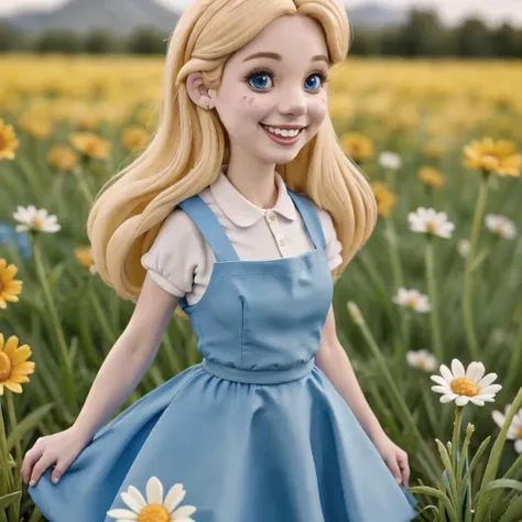 (AliceWonderlandWaifu:1), masterpiece, cute, smile,(blue dress:1.2), white apron, castle background, grassy fields,  flowers, medium closeup, walking, realistic, detailed, collar, cinematic lighting, blonde hair, claymation, clay skin, smooth skin,<lora:aliceInWonderlandBy_v10:0.5>