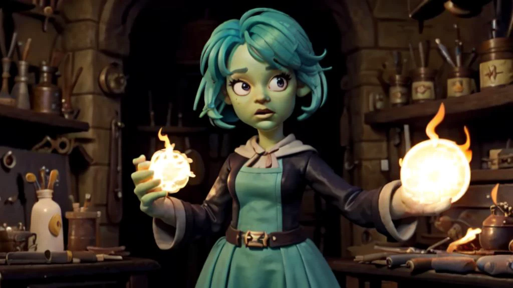 claymation, 80's anime style, green skinned female , blue hair dark fantasy , holding a magical fireball, magical effects, SFX
(inside a dark magic workshop:1.5), volumetric lighting, <lora:sxzGoblinsWarcraft:0.8> air shewowgob