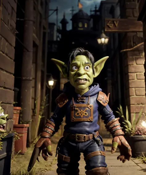 claymation, 80's anime style, (a Goblin design), leather armor, hood on, black hair, dark alley, volumetric lighting, best quality, masterpiece, intricate details, realistic <lora:sxzGoblinsWarcraft_sxzGoblin:0.7>, hewowgob,