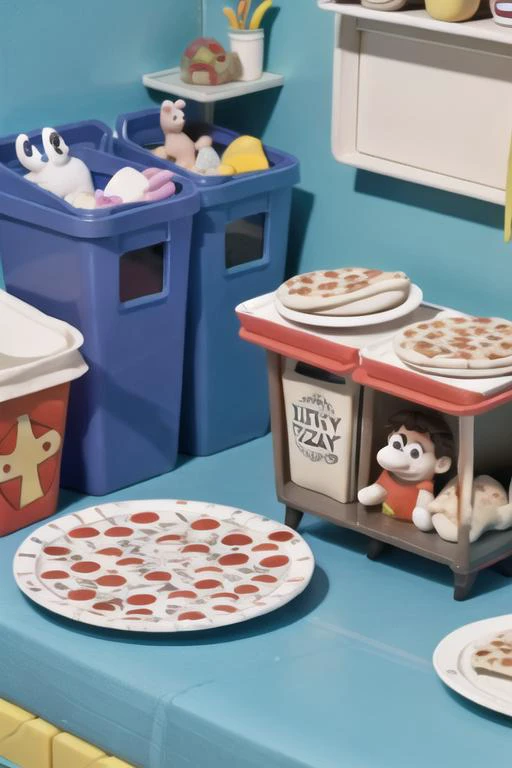 claymation, 80's anime style, dirty room with homework, dirty clothes, shelves with action figures, old pizza boxes, plates, trash can, stuffed animals on a bed